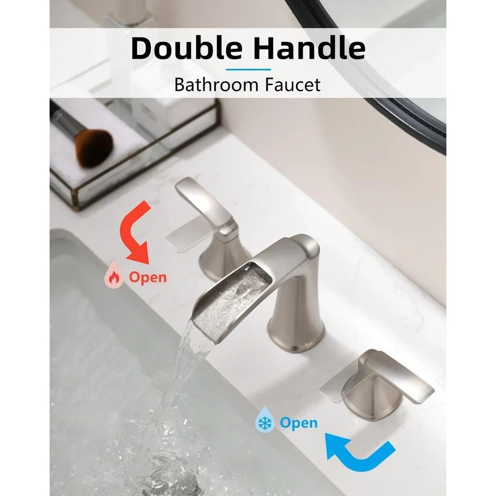 Brushed Nickel Widespread Bathroom Faucet 3 Hole Waterfall 8 Inch Sink Mixer